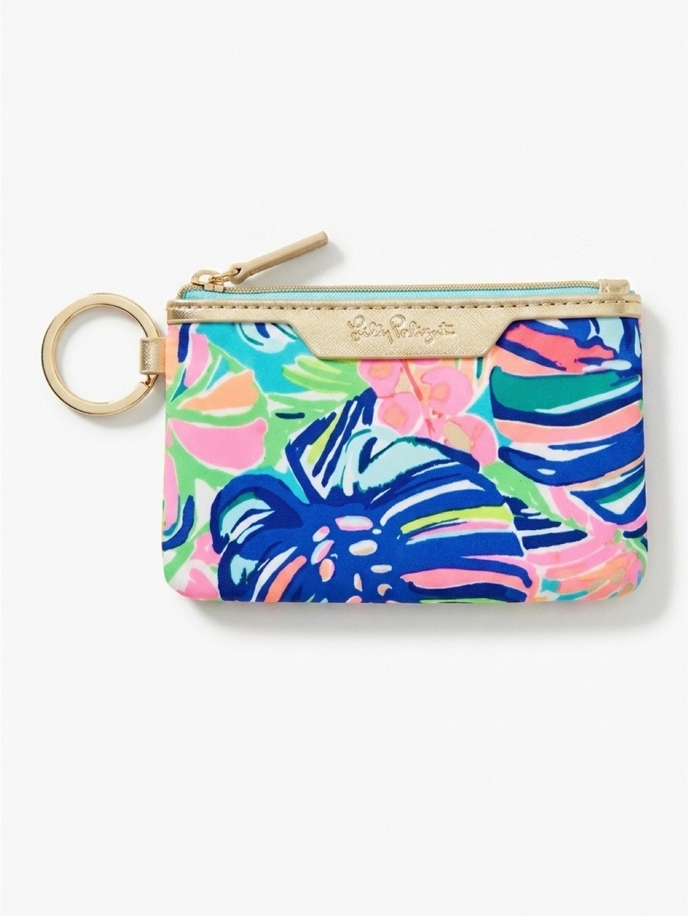 Lilly Pulitzer Tropical Print Coin Pouch with Key Ring and aqua blue interior